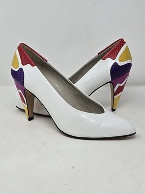 Vtg 80s Via Spiga women 8B white leather heels color block sculptural heel Italy
